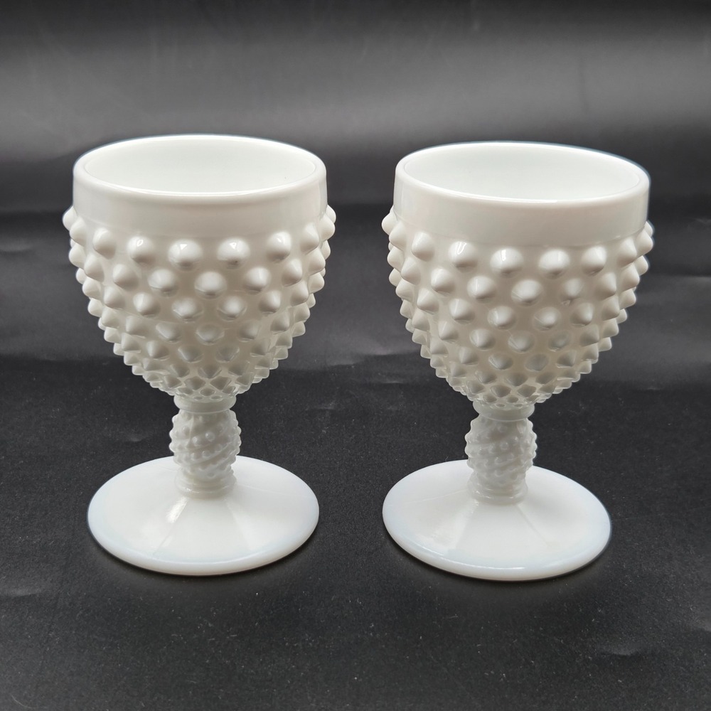 2 Vintage Fenton White Milk Glass Hobnail Wine Glass Goblet Chalice 4" Stemmed